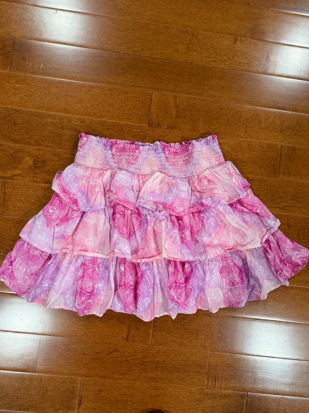 Roller Rabbit Pink Purple Floral Smocked Elastic Waist Tiered Siggy Skirt Sz. S
